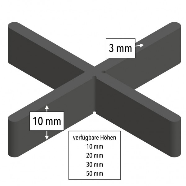 Fugenkreuze von Volfi für 3 mm Fugen, 10, 20, 30 oder 50 mm hoch, Gesamtbreite 55 mm