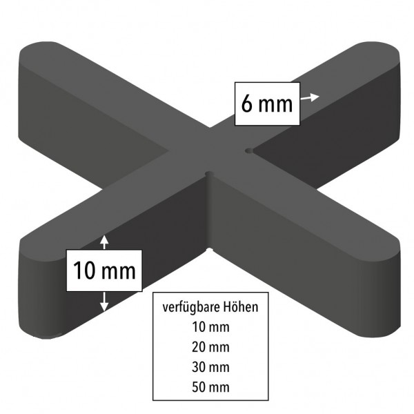 Fugenkreuze von Volfi für 6 mm Fugen, 10 mm, 20 mm, 30 mm oder 50 mm Höhe, Gesamtbreite 55 mm